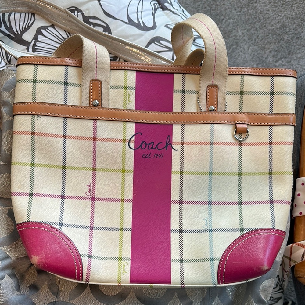 Coach Pink and Cream Plaid Tote Bag